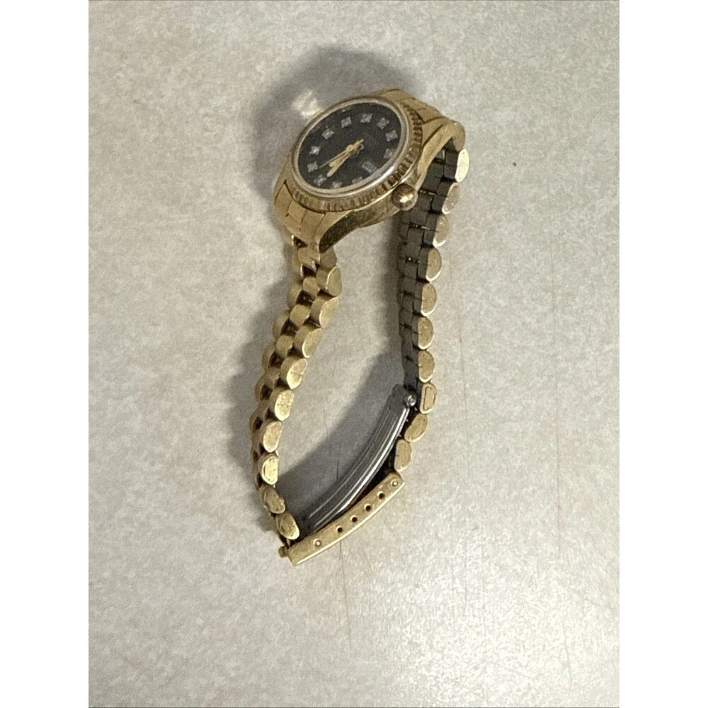Vintage Armitron Diamond Quartz Women's Gold Tone Datejust Watch Black Dial Read